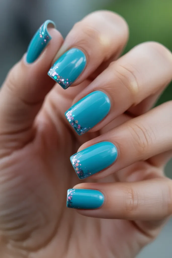 Turquoise Square Nails with Glitter Tips