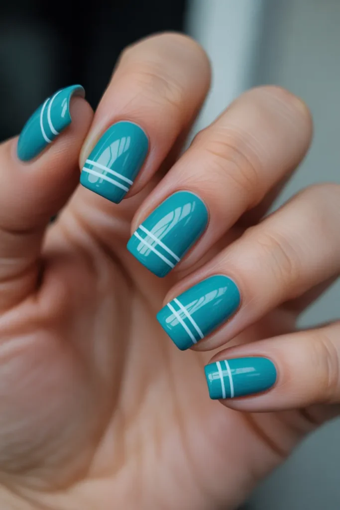 Turquoise Square Nails with Minimal White Lines