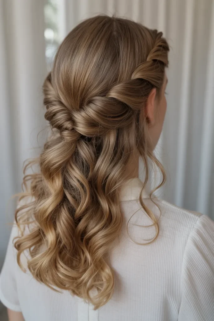 Twisted Half Up Hairstyle with Loose Curls