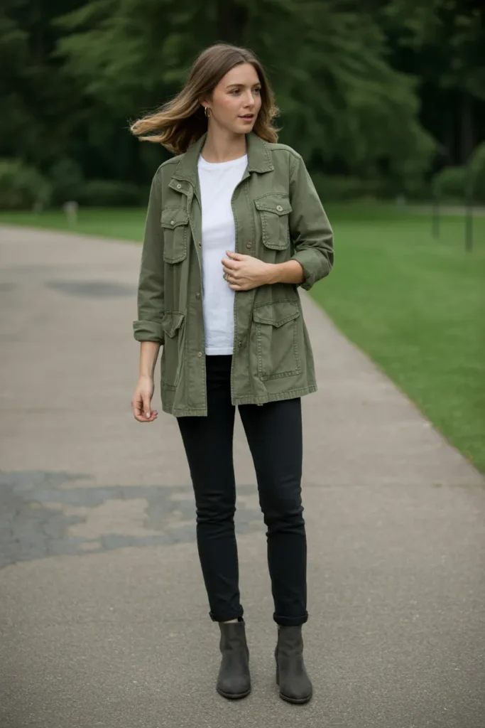 Utility Jacket with Basic Tee and Black Jeans