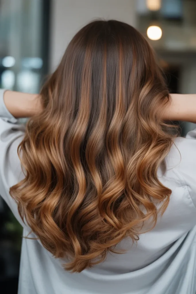 Vibrant Auburn Balayage with Curled Ends