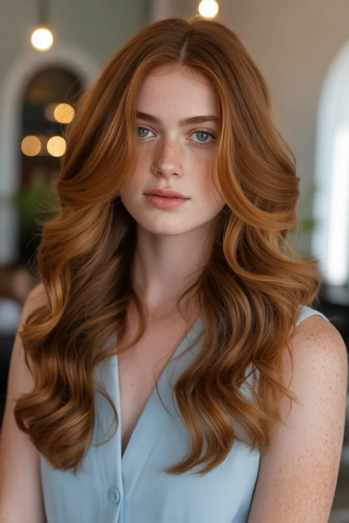 Warm Auburn Balayage with Loose Curls