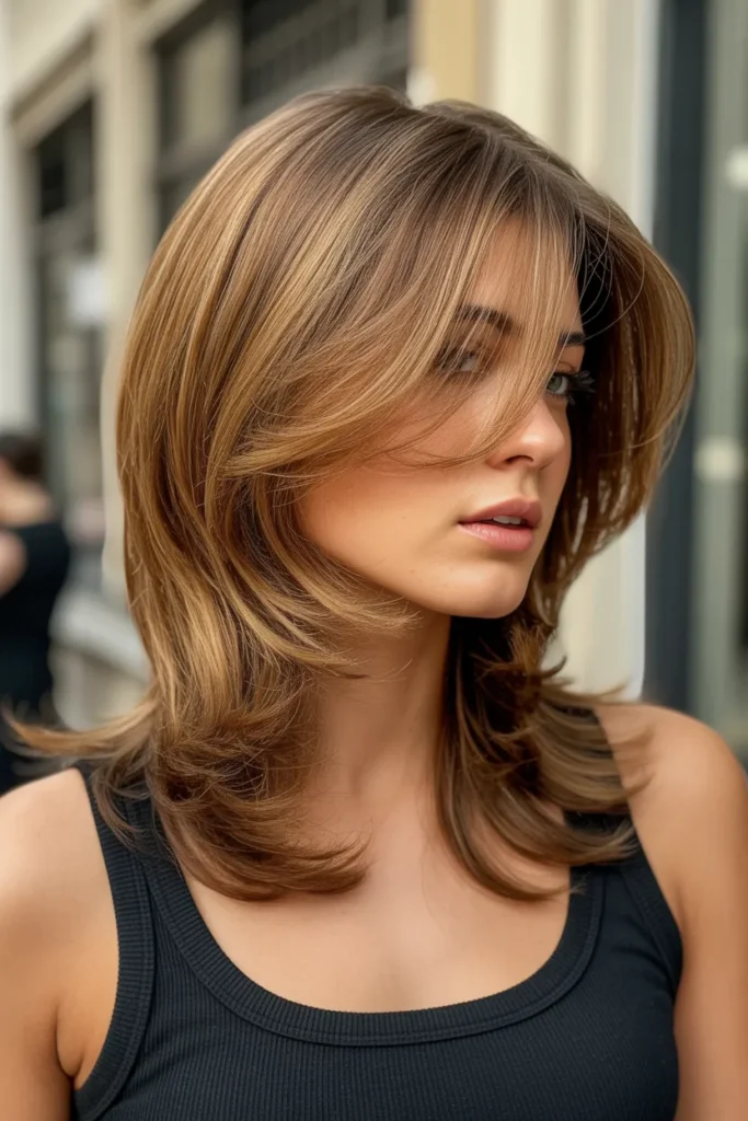 Warm Caramel Brown on Layered Hair