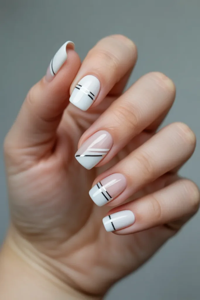 White Acrylic Nails with Minimal Geometric Art
