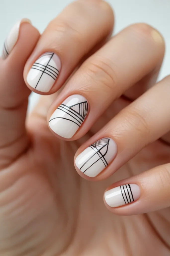 White Minimalist Geometric Nails