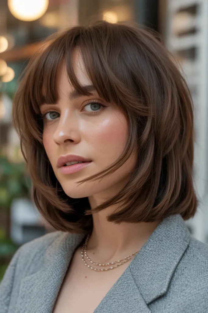 Angled Layered Long Bob with Curtain Bangs