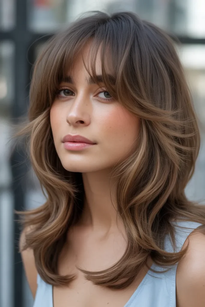 Angled Long Layers with Curtain Bangs