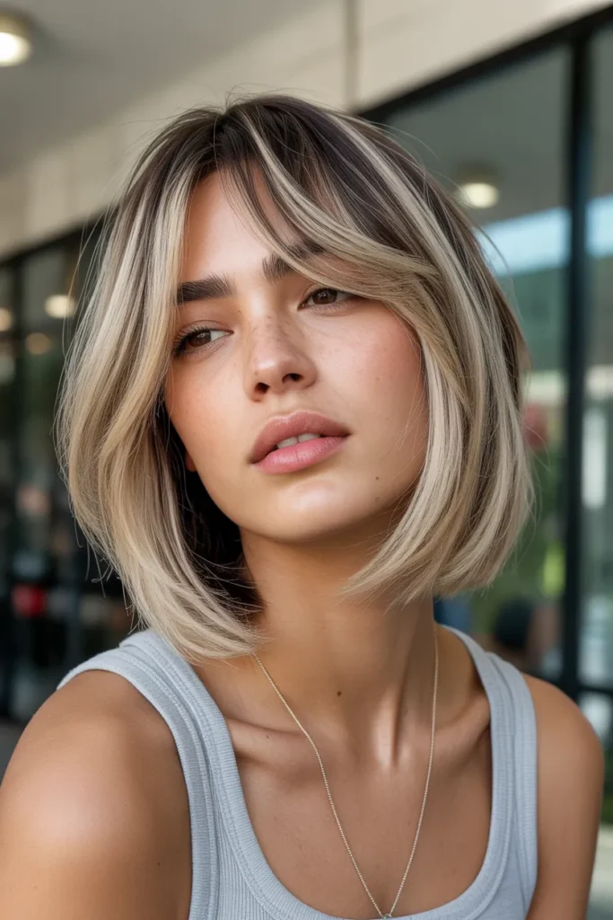 Asymmetrical Layered Long Bob with Curtain Bangs