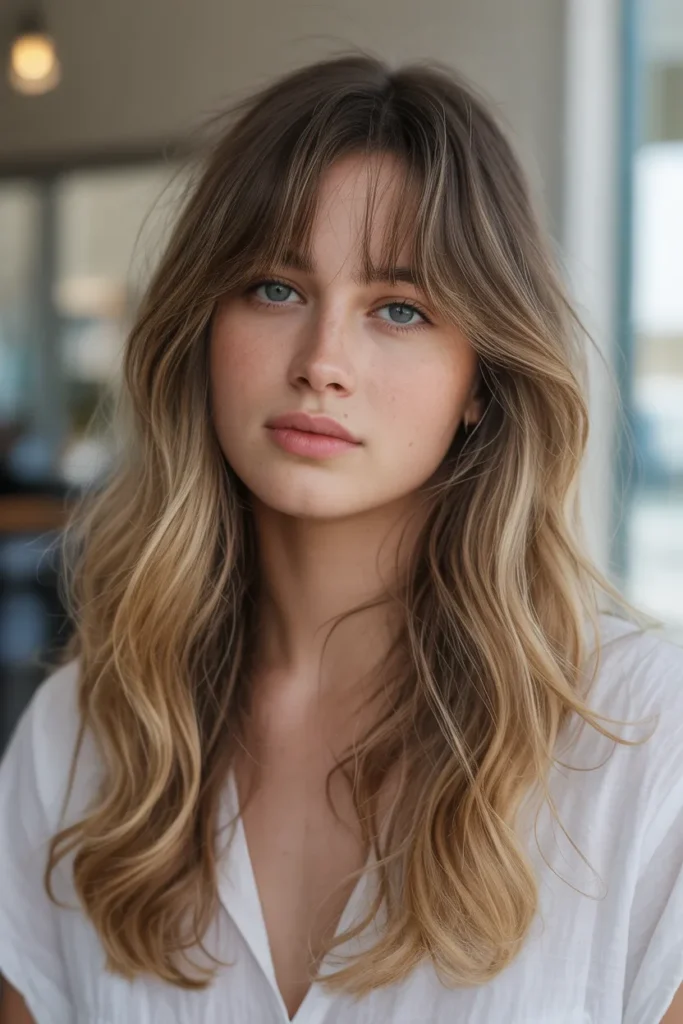 Beachy Textured Long Layers with Curtain Bangs