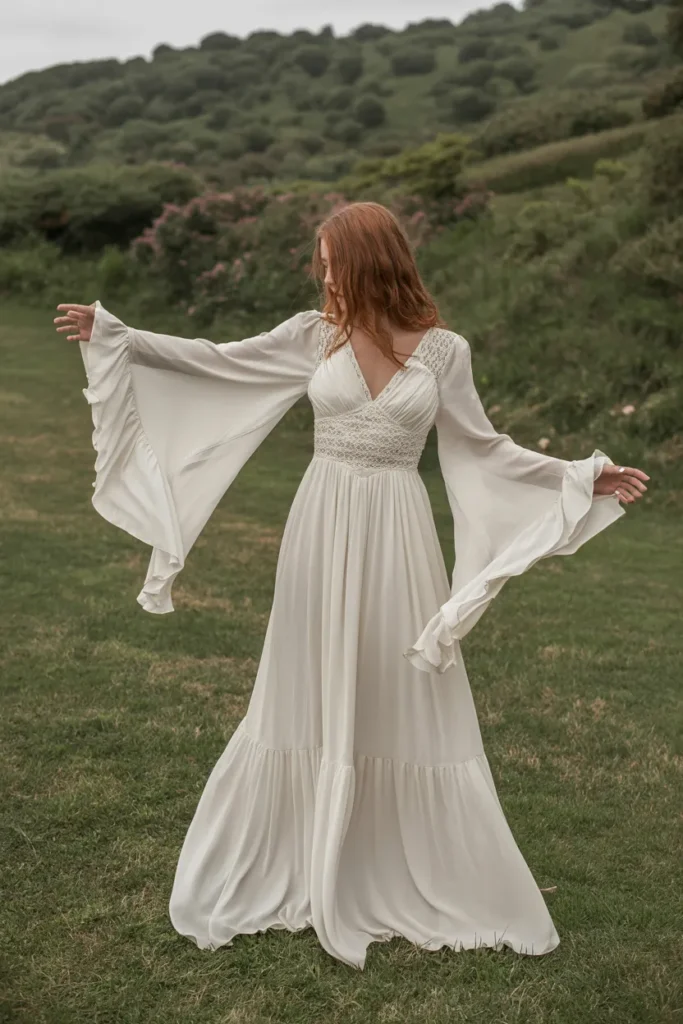 Bohemian Whimsical Wedding Dress with Flowing Sleeves