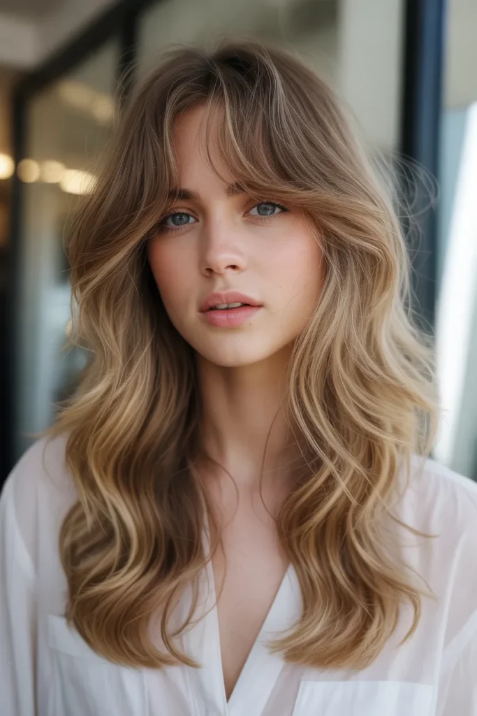 Boho-Inspired Layers with Airy Curtain Bangs