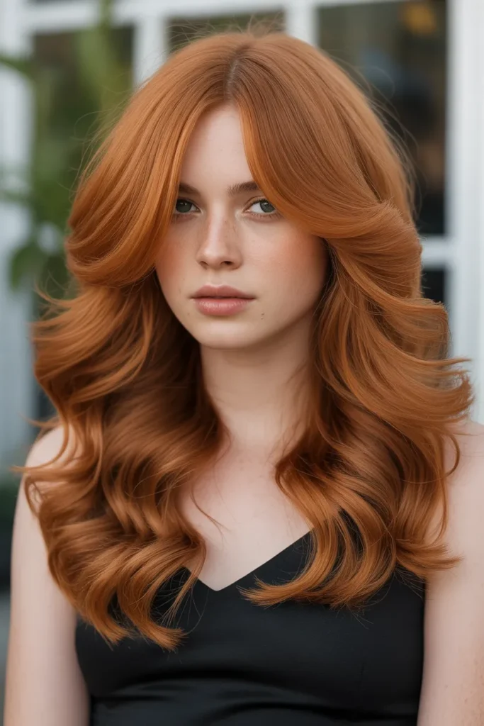 Copper Red Hair with Loose Waves and Volume