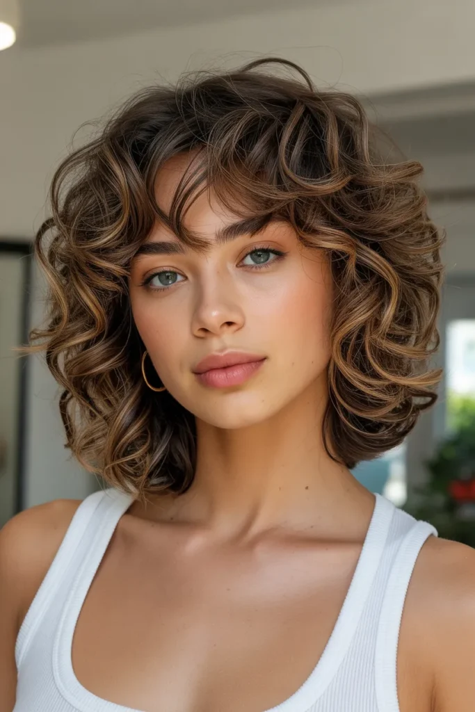 Curly Layered Long Bob with Curtain Bangs