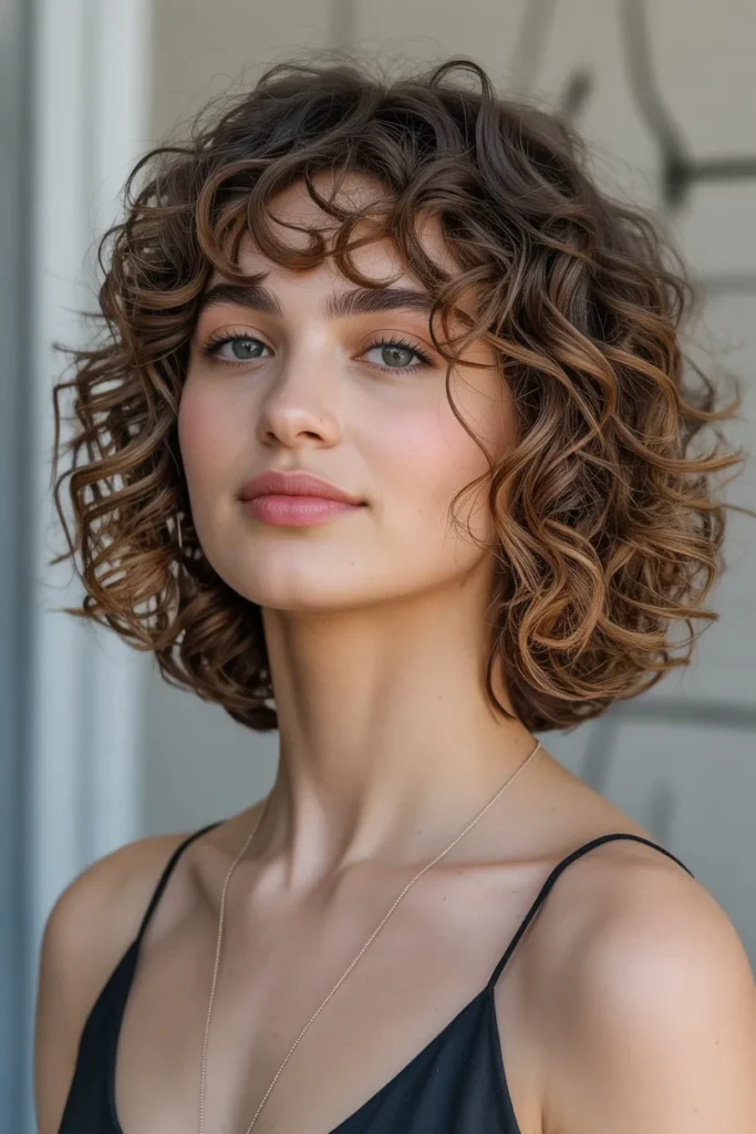 Curly Long Bob with Curtain Bangs