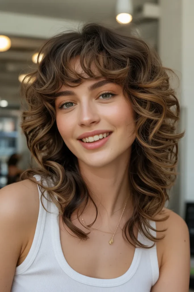 Curly Long Layers with Curtain Bangs