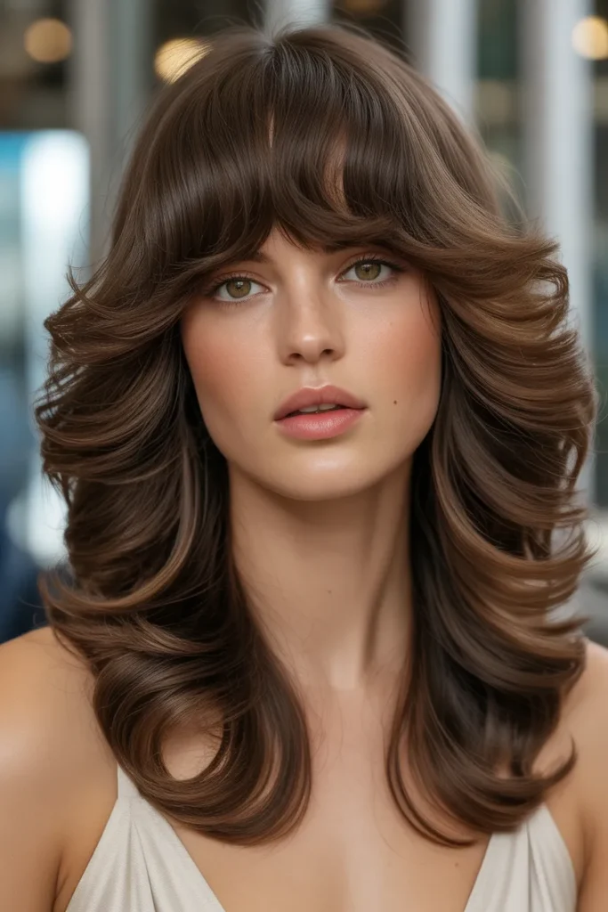 Deep Brunette Waves with Sculpted Curtain Fringe