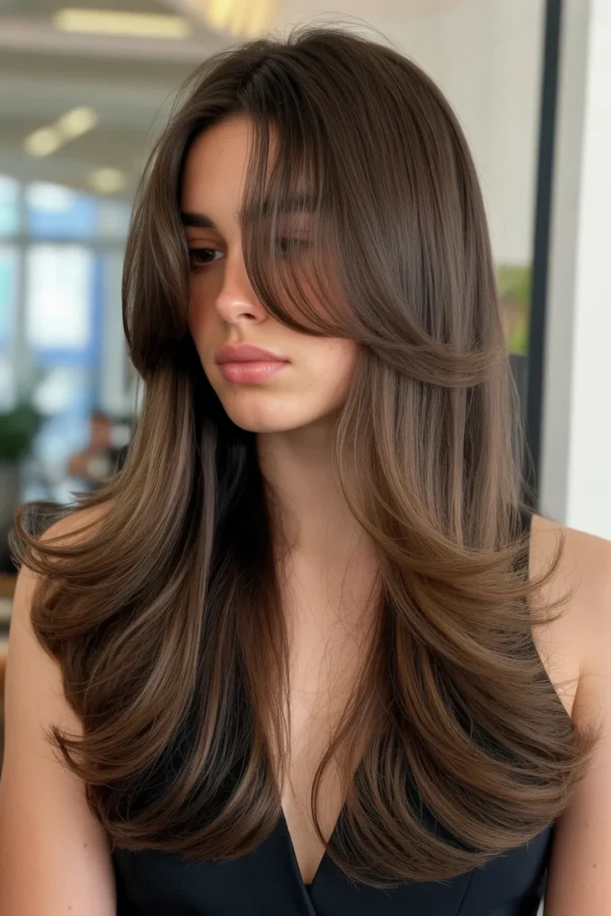 Elegant Butterfly Haircut with Flowing Bangs