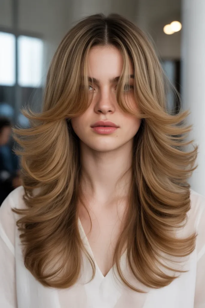 Extra-Long Flowing Waves with Draped Curtain Bangs