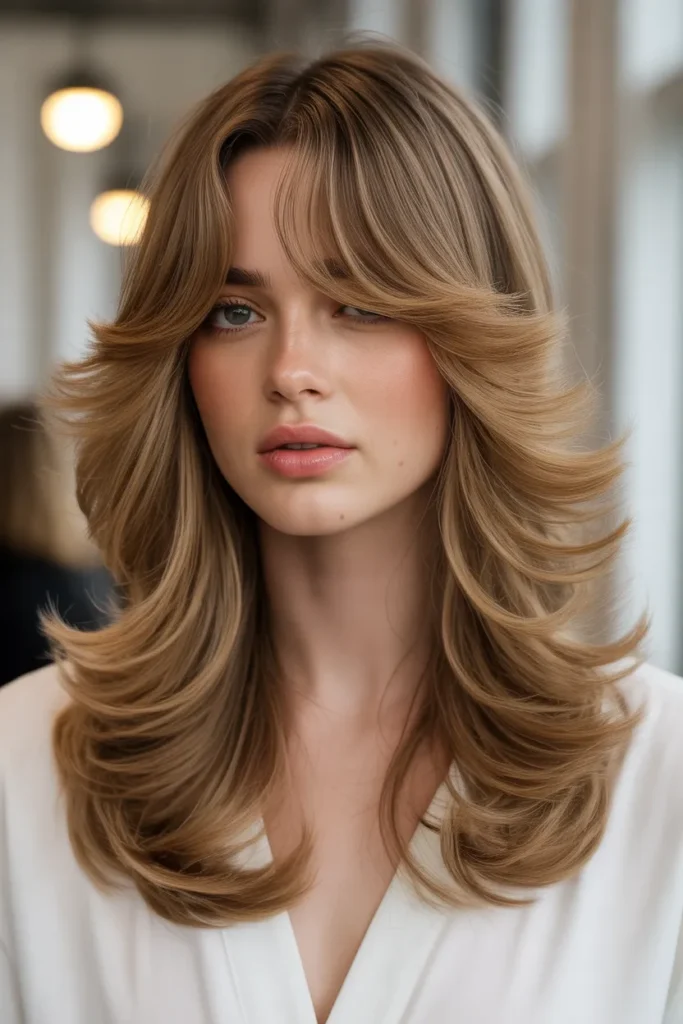 Glamorous Layered Waves with Flowy Curtain Bangs