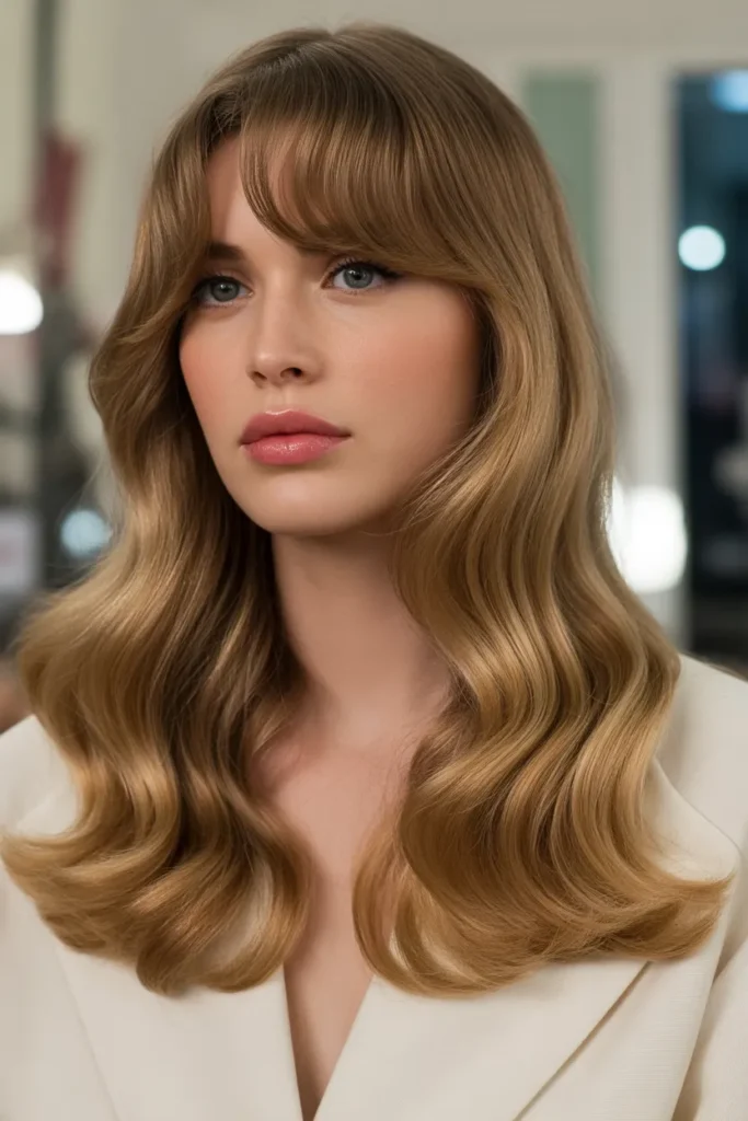 Glossy Hollywood Waves with Blended Curtain Bangs
