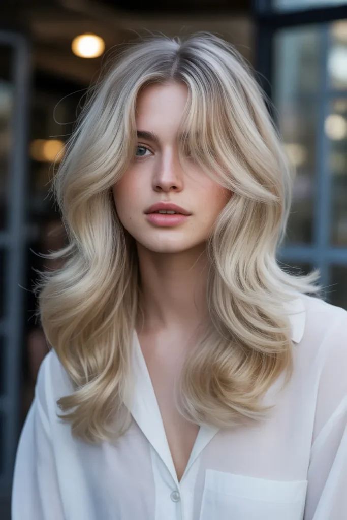 Icy Blonde Layers with Soft Curtain Bangs