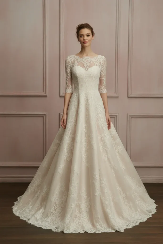 Lace A-Line Dress with Illusion Sleeves