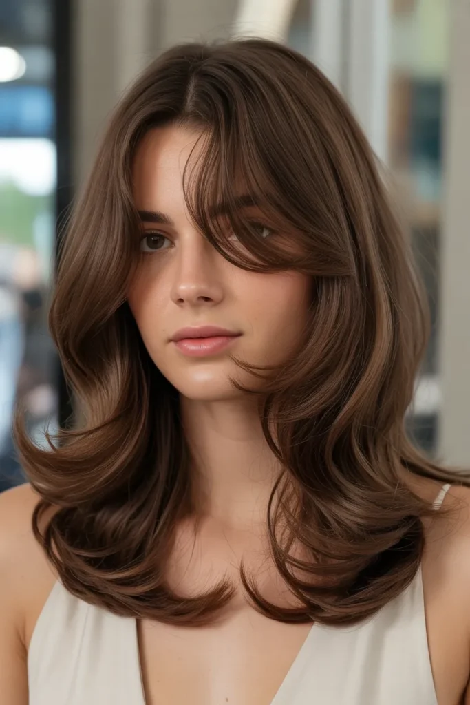 Layered Chocolate Brown Waves with Soft Curtain Bangs