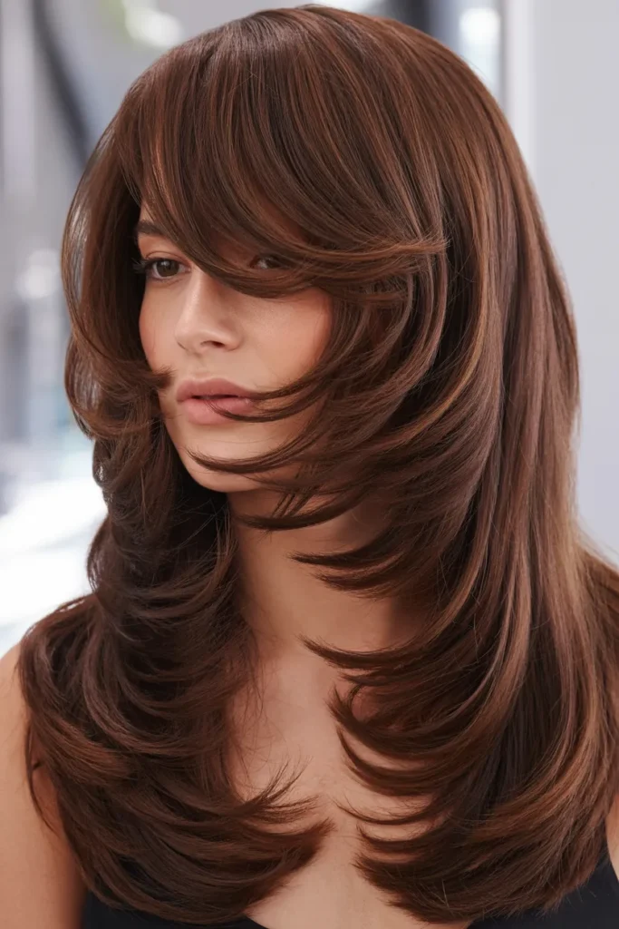 Layered Hair with Deep Side-Swept Bangs