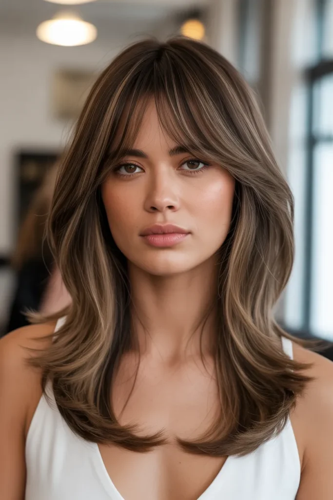 Layered Long Hair with Bottleneck Curtain Bangs