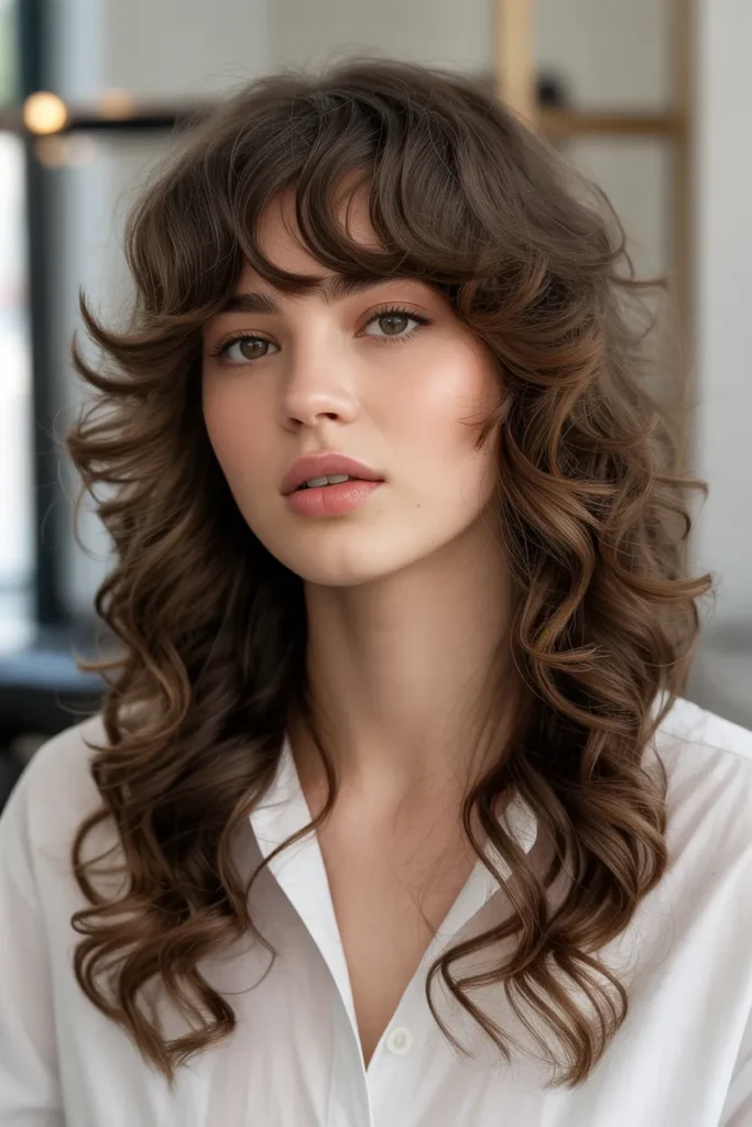 Layered Long Hair with Curly Curtain Bangs