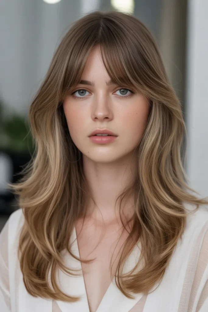 Layered Long Hair with Wispy Curtain Bangs