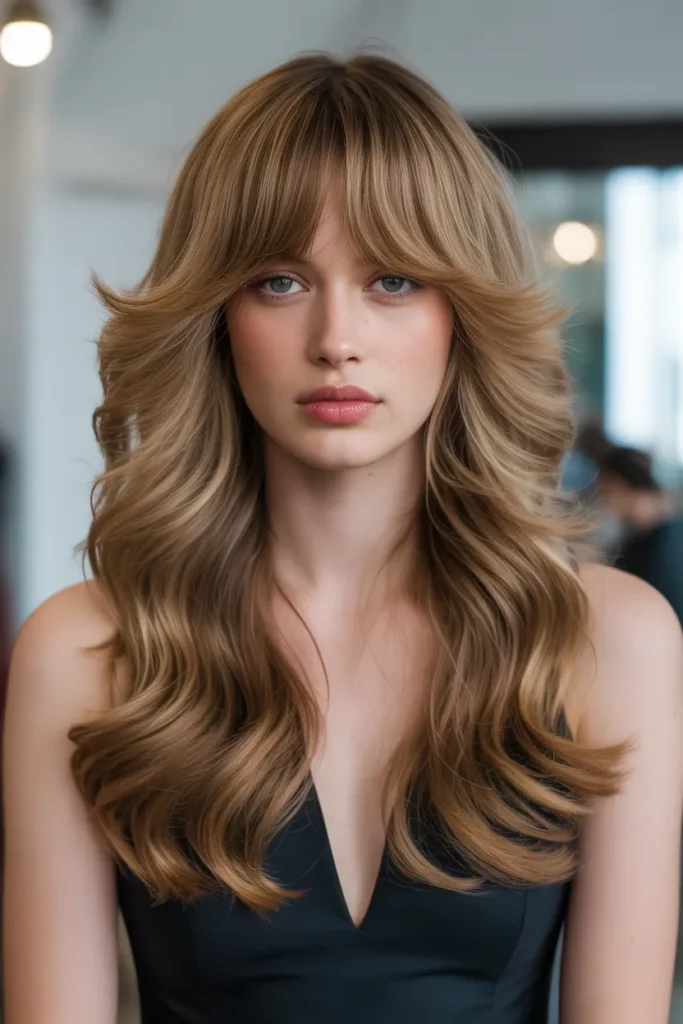 Layered Mermaid Waves with Soft Curtain Bangs