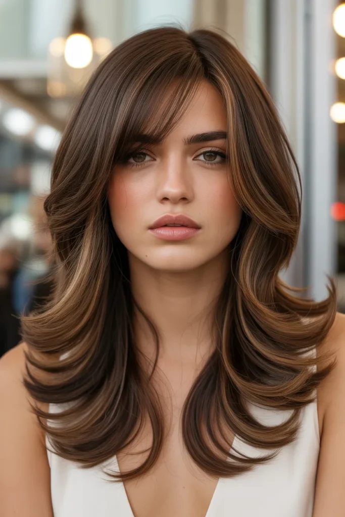 Layered Wavy Hair with Deep Side Bangs