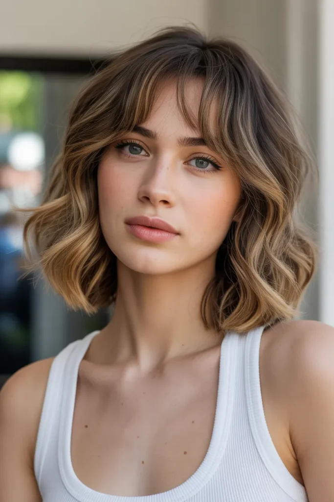 Layered Wavy Long Bob with Curtain Bangs