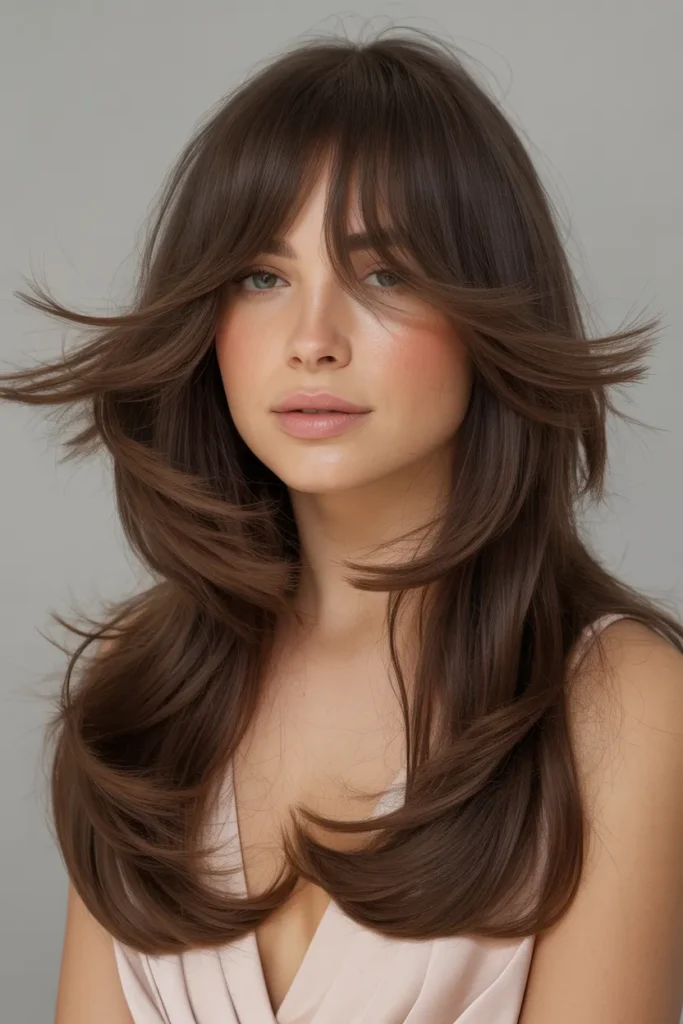 Long Butterfly Cut with Feathered Wispy Bangs