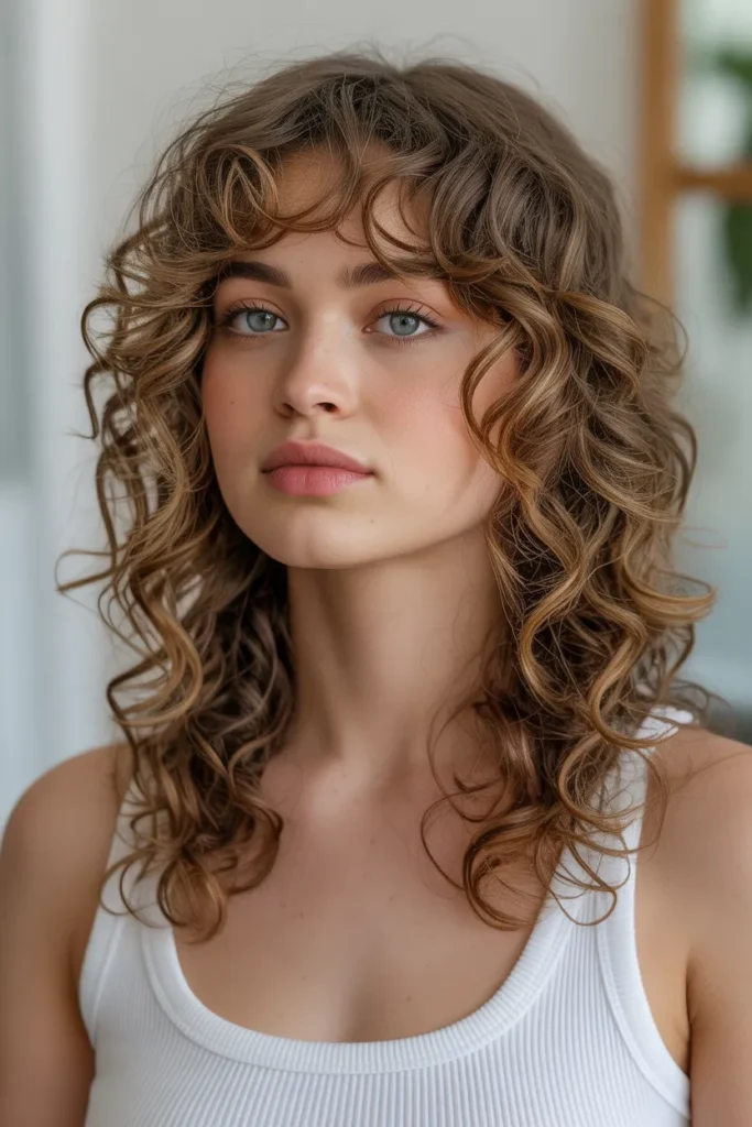 Long Curly Hair with Layered Bangs