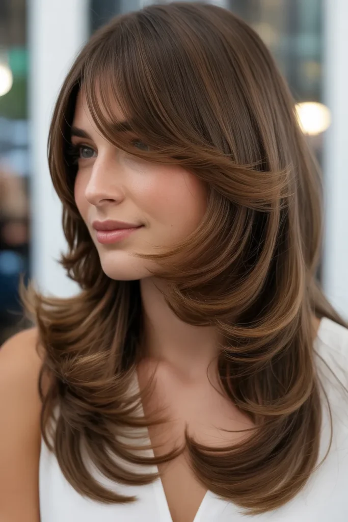 Long Glossy Waves with Side Bangs