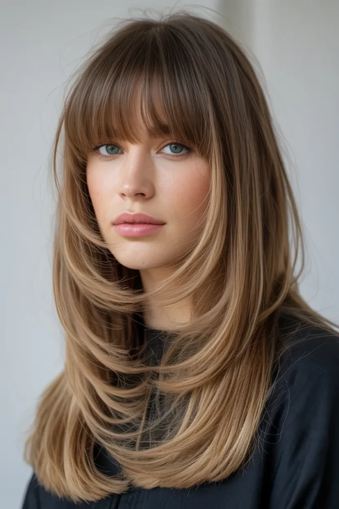 Long Layered Hair with Blunt Bangs