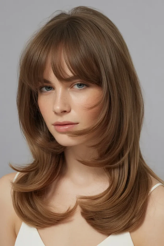 Long Layered Hair with Curved Bangs