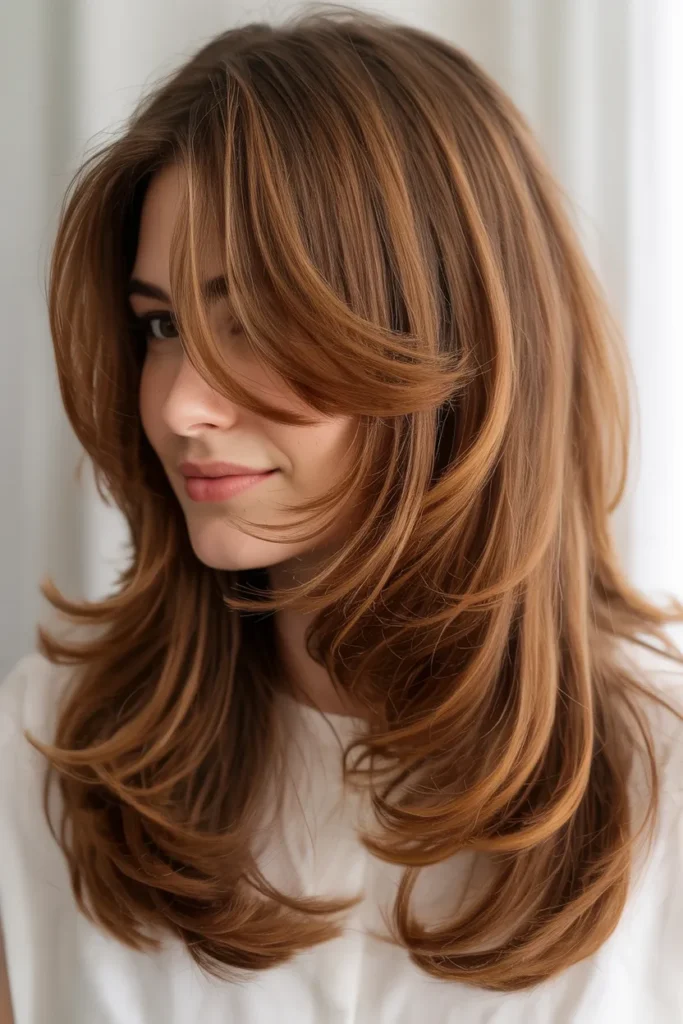 Long Layered Hair with Curved Side Bangs