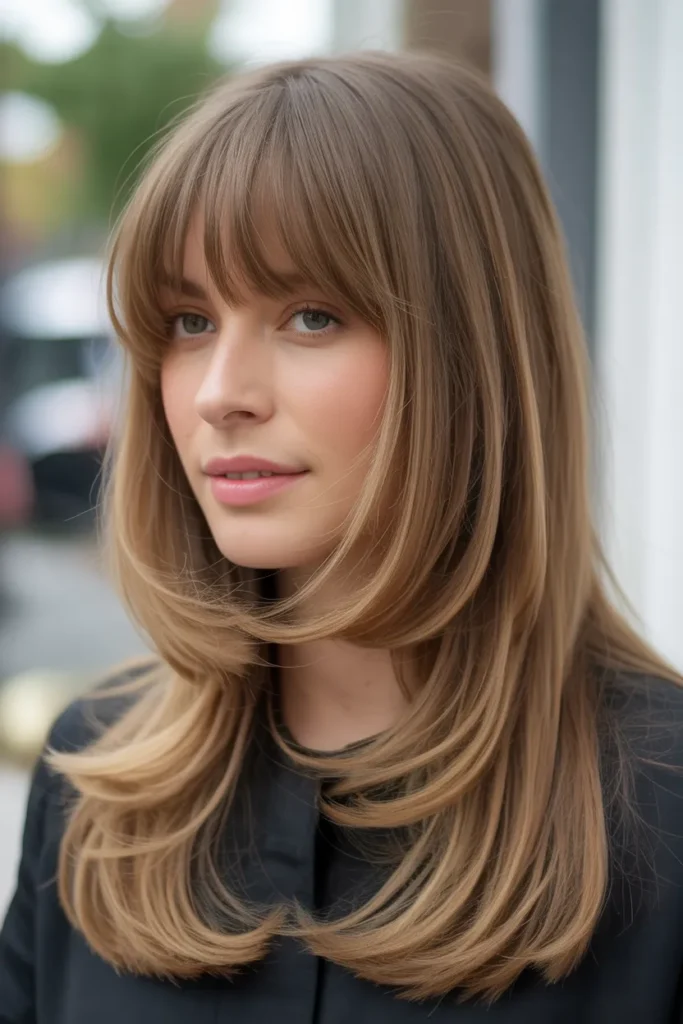 Long Layered Hair with Face-Framing Bangs