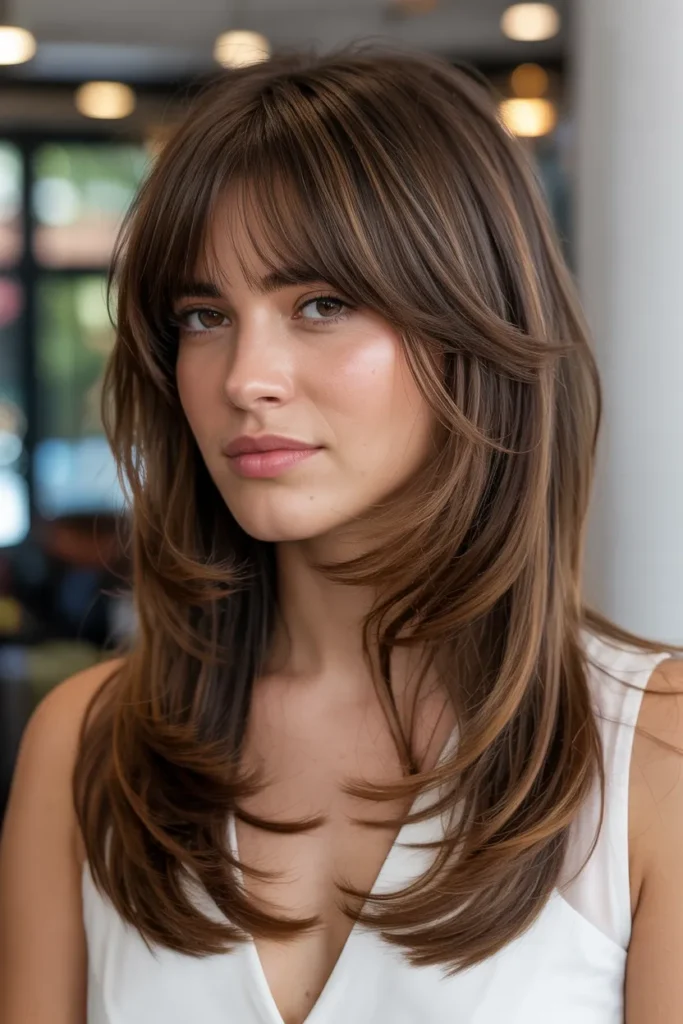 Long Layered Hair with Face-Framing Bangs