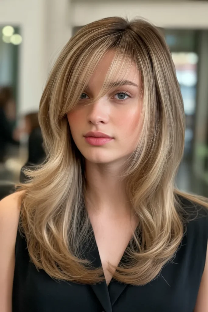 Long Layered Hair with Side-Swept Feathered Bangs