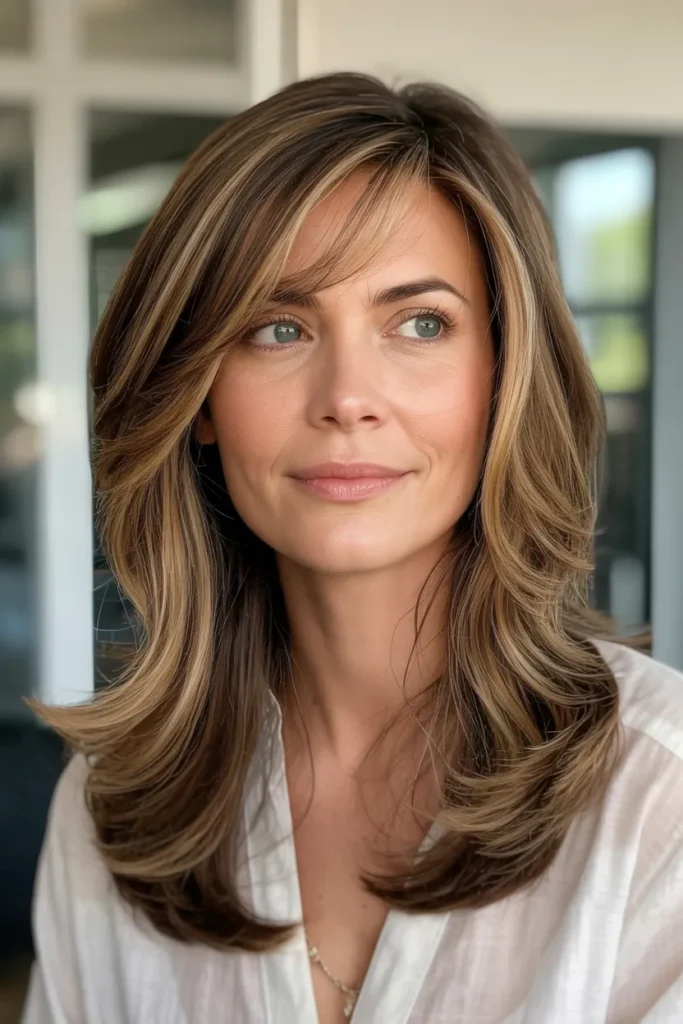 Long Layered Hair with Side-Swept Fringe