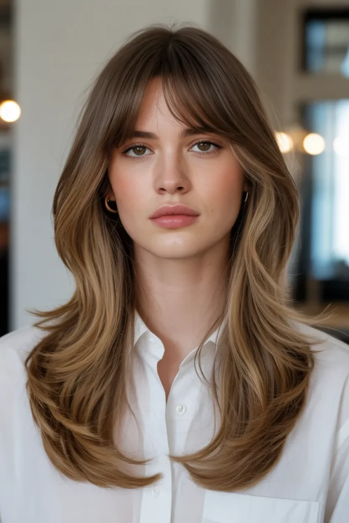 Long Layered Hair with Soft Center-Parted Bangs
