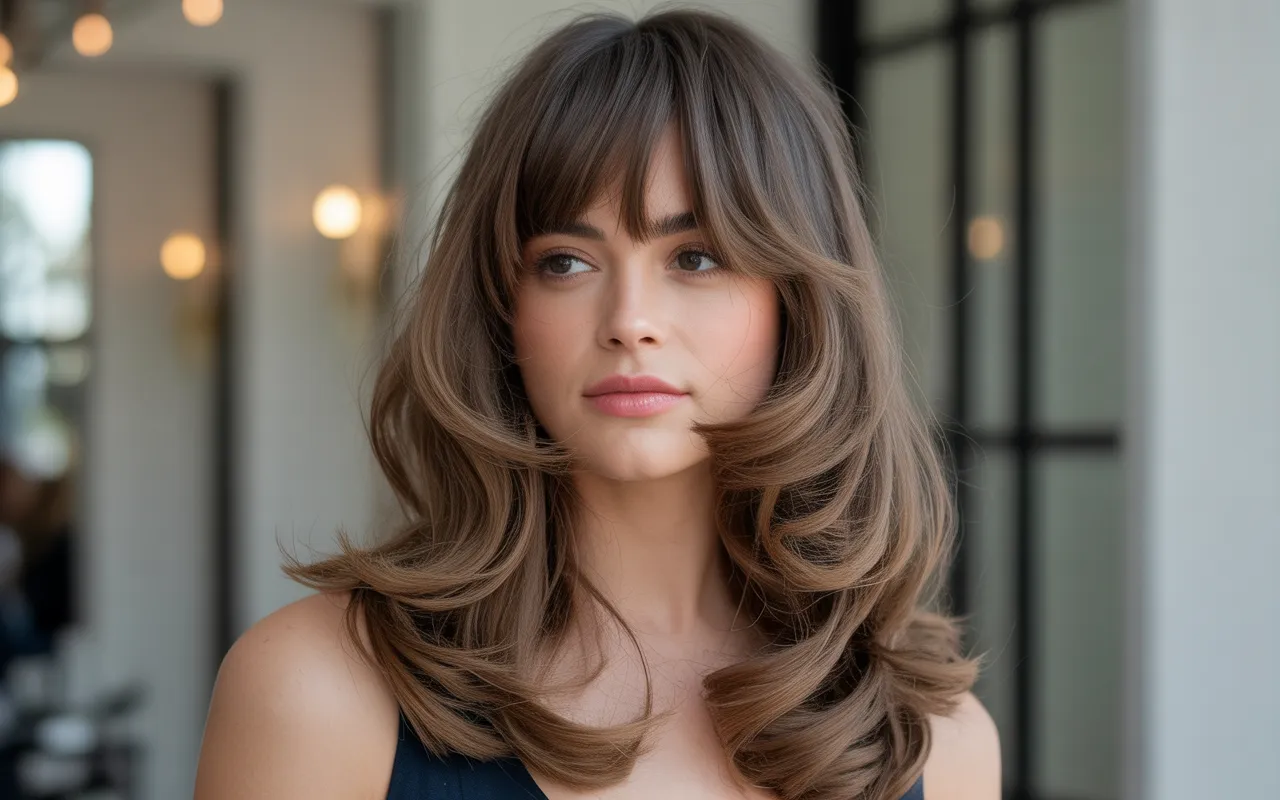 Long Layered Waves with Curtain Bangs