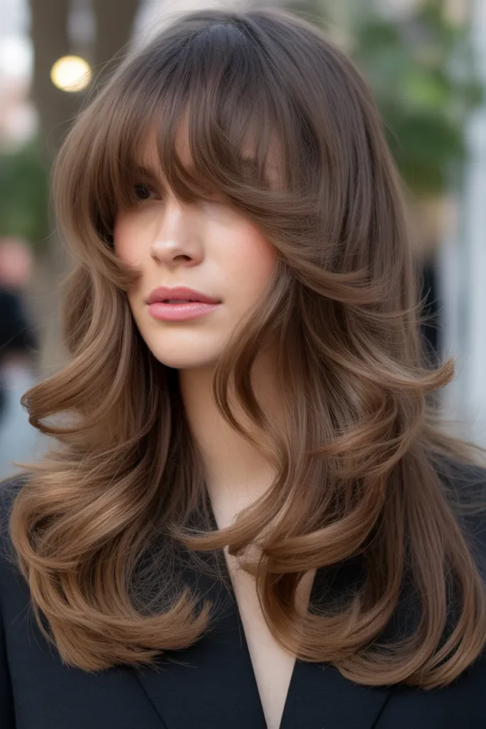 Long Layered Waves with Curtain Bangs