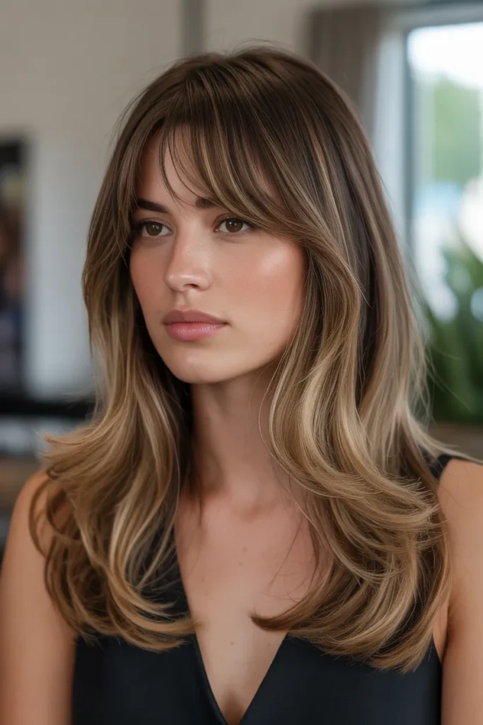 Long Layers with Curtain Bangs and Balayage