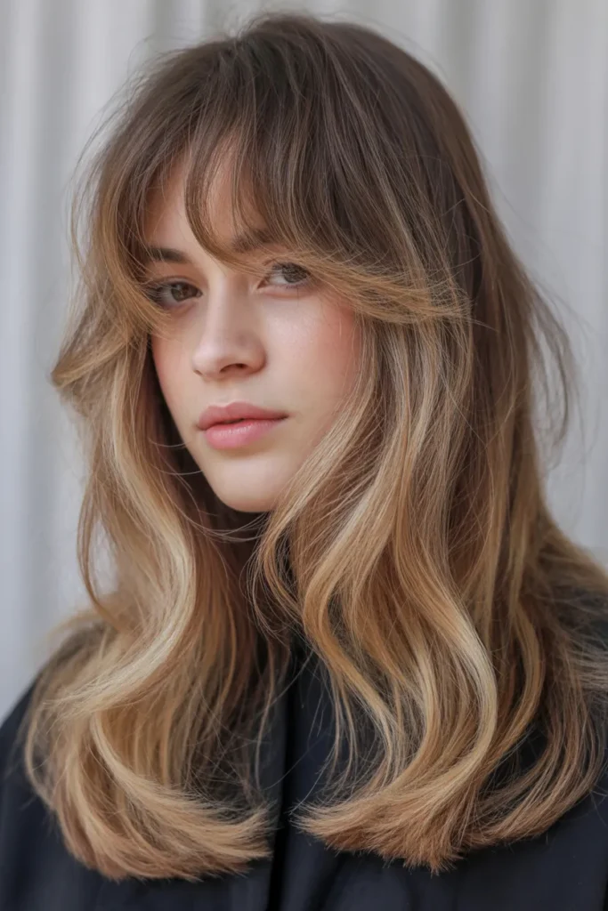 Long Layers with Curtain Bangs and Subtle Highlights