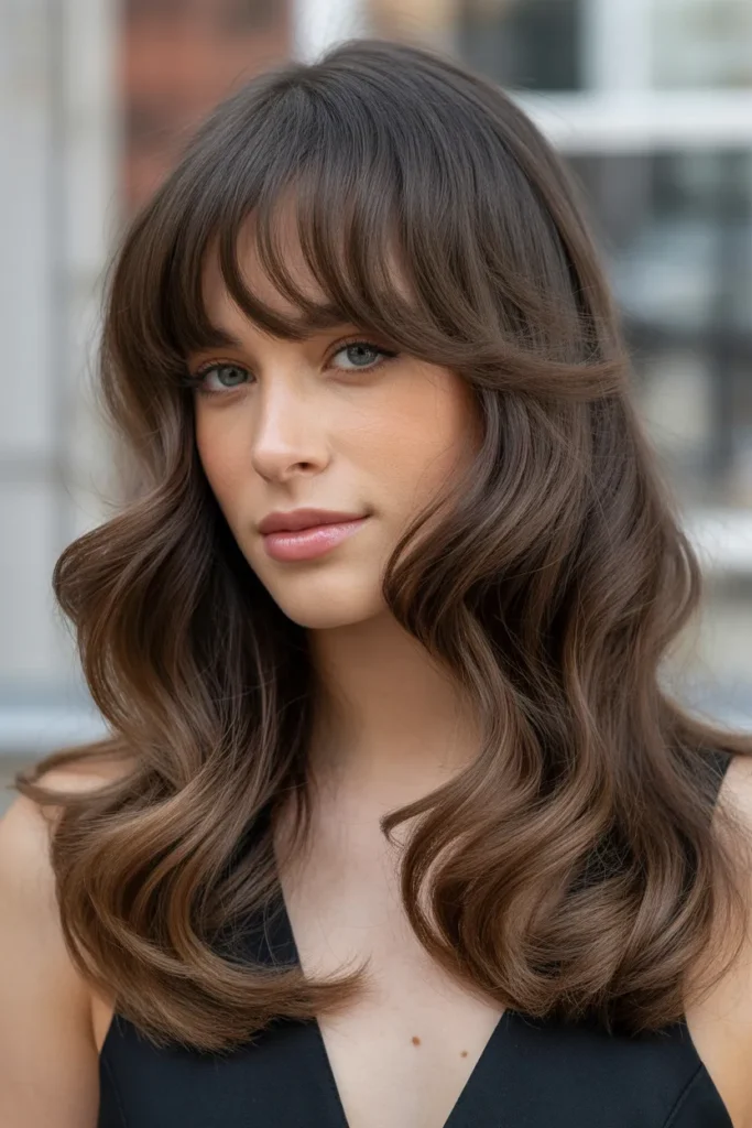 Long Romantic Waves with Face-Framing Curtain Bangs